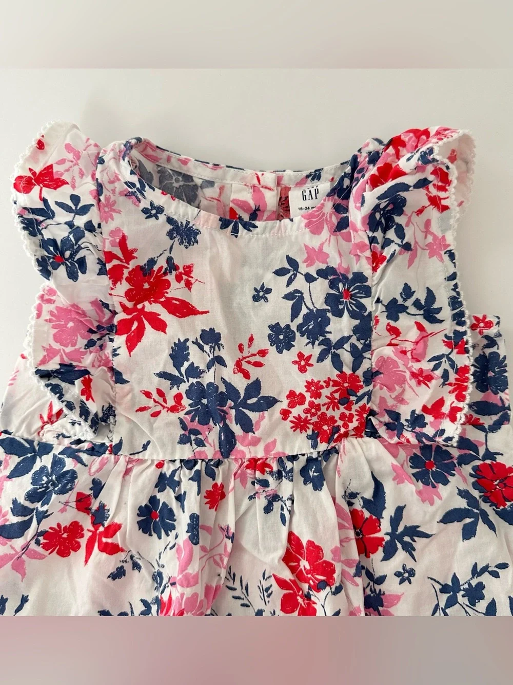 GAP Baby Girl White Sleeveless Romper with Navy, Red and Pink Floral Print
